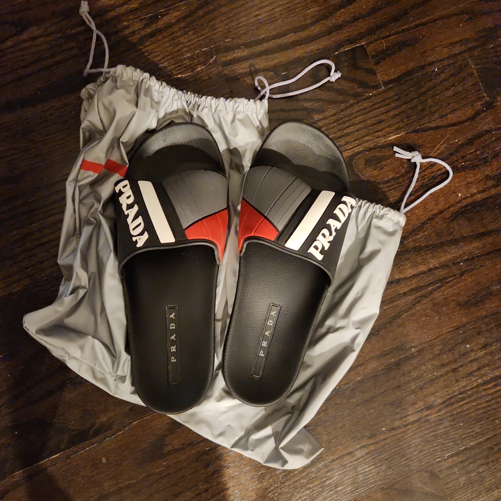 Prada Men's Black and Red Slide Sandals